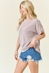 Taupe Ribbed Exposed Seam Short Sleeve Top