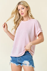 Pink Ribbed Exposed Seam Short Sleeve Top