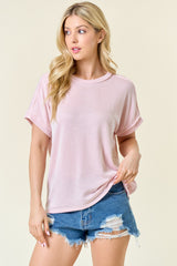 Pink Ribbed Exposed Seam Short Sleeve Top