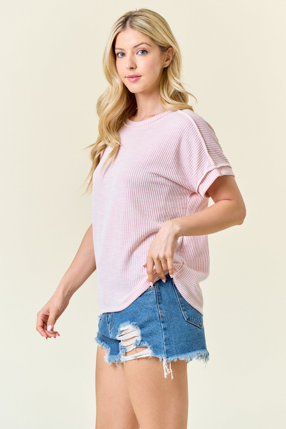 Pink Ribbed Exposed Seam Short Sleeve Top