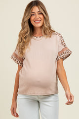 Beige Ribbed Animal Print Colorblock Maternity Short Sleeve Top