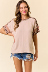 Beige Ribbed Animal Print Colorblock Short Sleeve Top