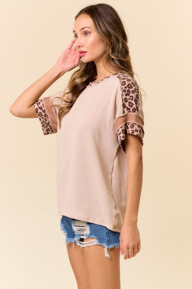 Beige Ribbed Animal Print Colorblock Short Sleeve Top
