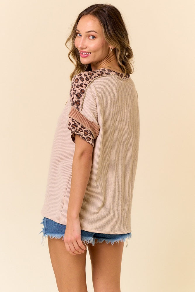 Beige Ribbed Animal Print Colorblock Short Sleeve Top