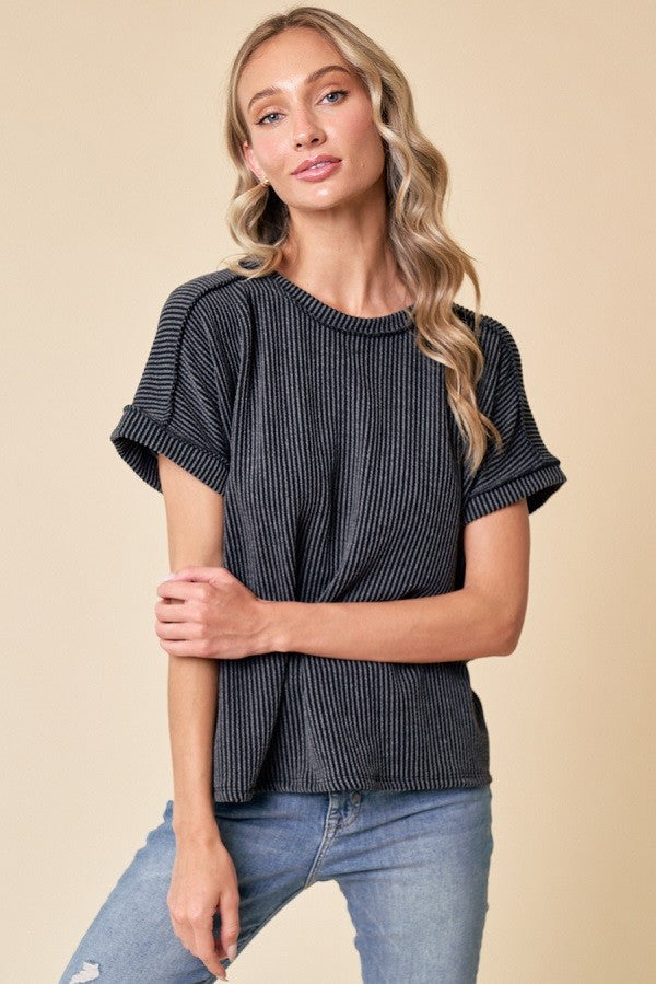 Black Exposed Seam Short Sleeve Top