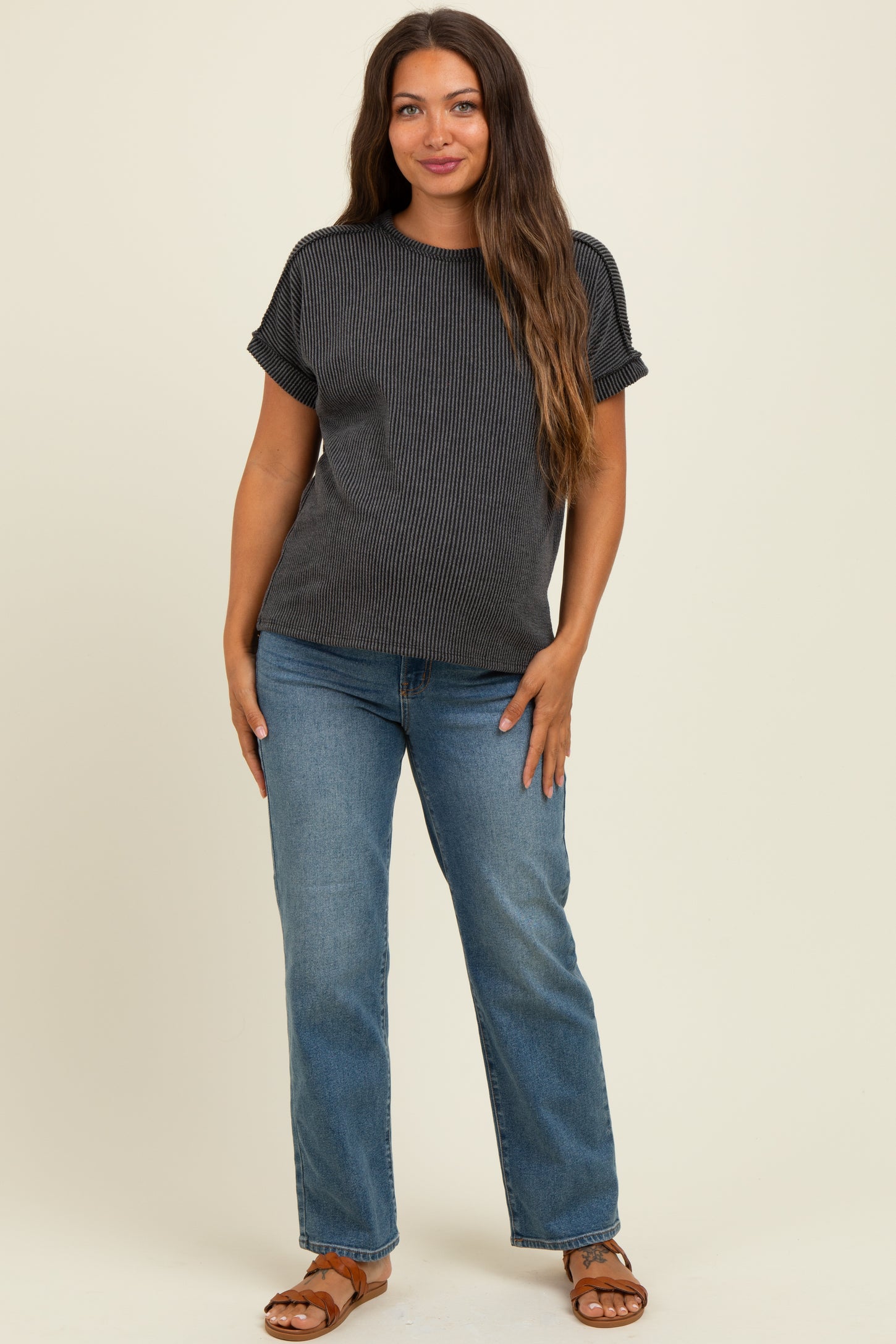 Black Exposed Seam Short Sleeve Maternity Top