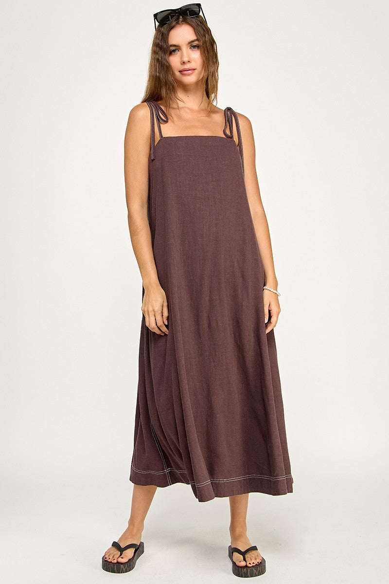 Brown Shoulder Tie Midi Dress