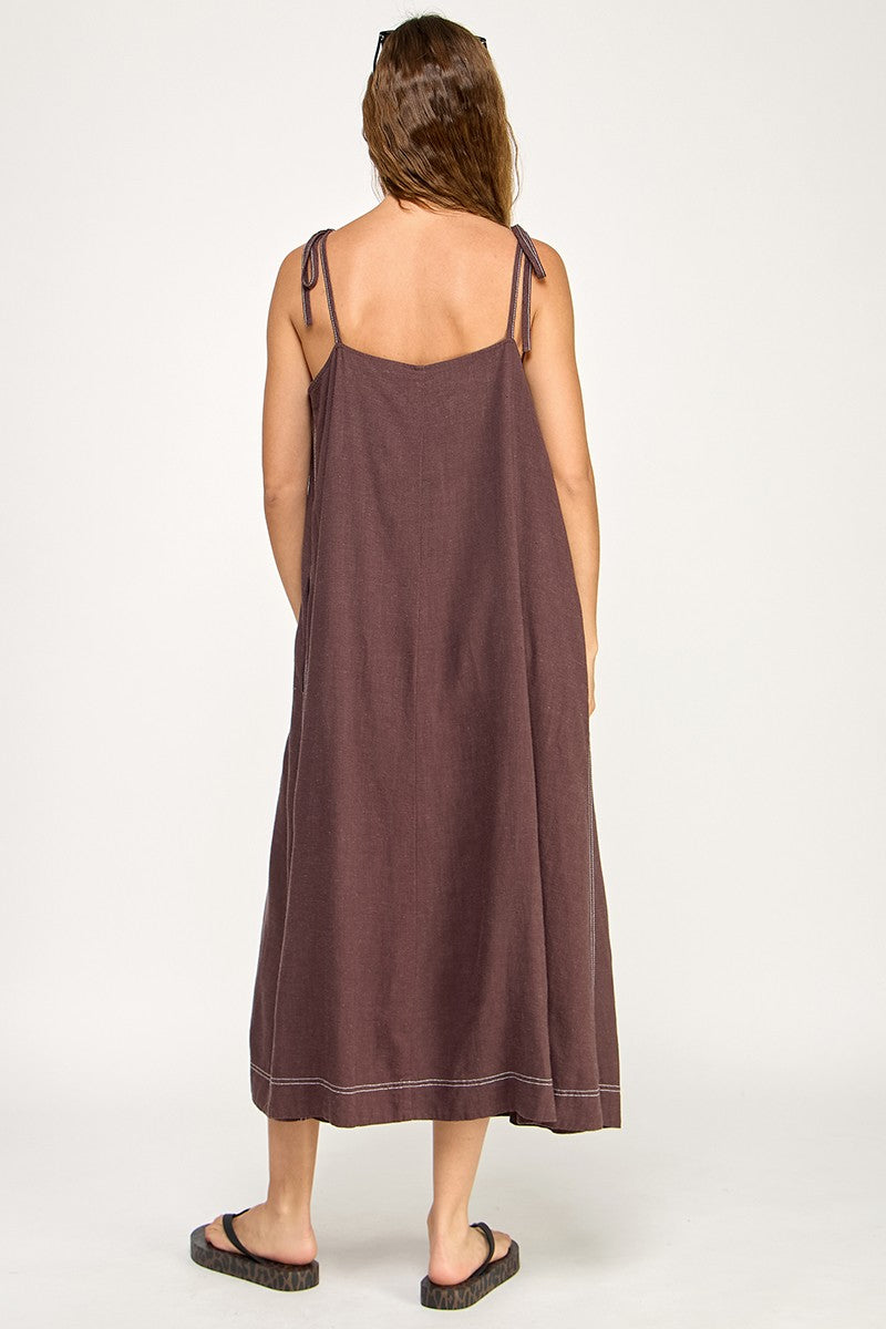 Brown Shoulder Tie Midi Dress