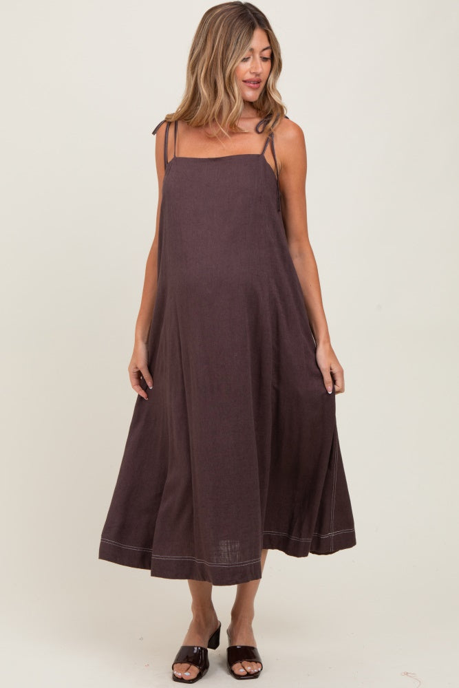 Brown Shoulder Tie Maternity Midi Dress