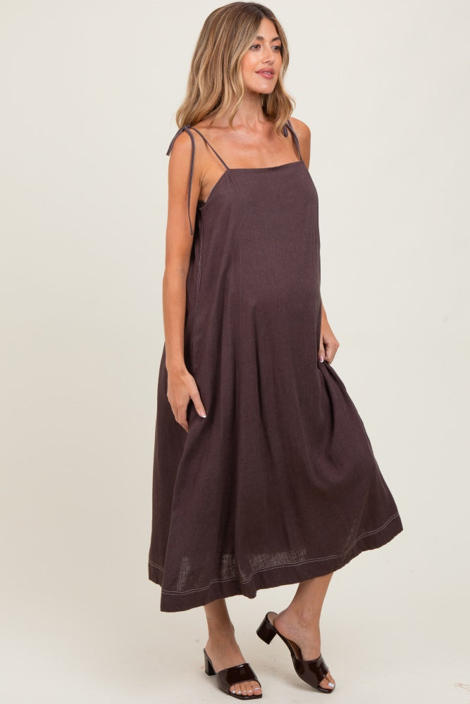 Brown Shoulder Tie Maternity Midi Dress