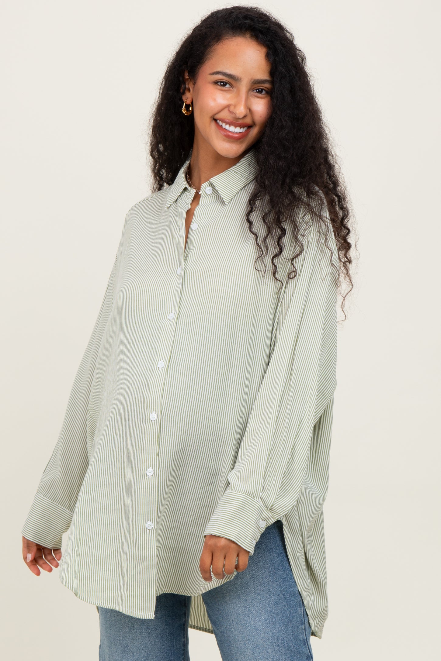 Light Olive Striped Oversized Maternity Button Down Shirt