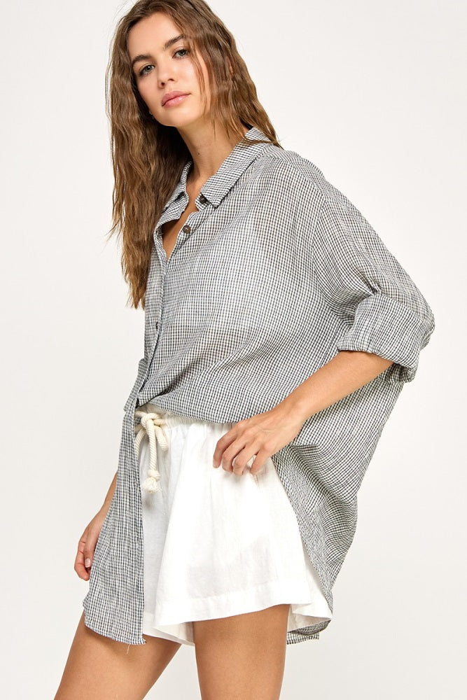 Black Checker Plaid Oversized Button Down Shirt