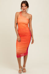 Orange Ombre Mesh One Shoulder Midi Dress