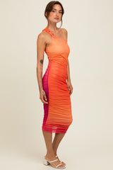 Orange Ombre Mesh One Shoulder Midi Dress