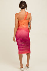 Orange Ombre Mesh One Shoulder Midi Dress