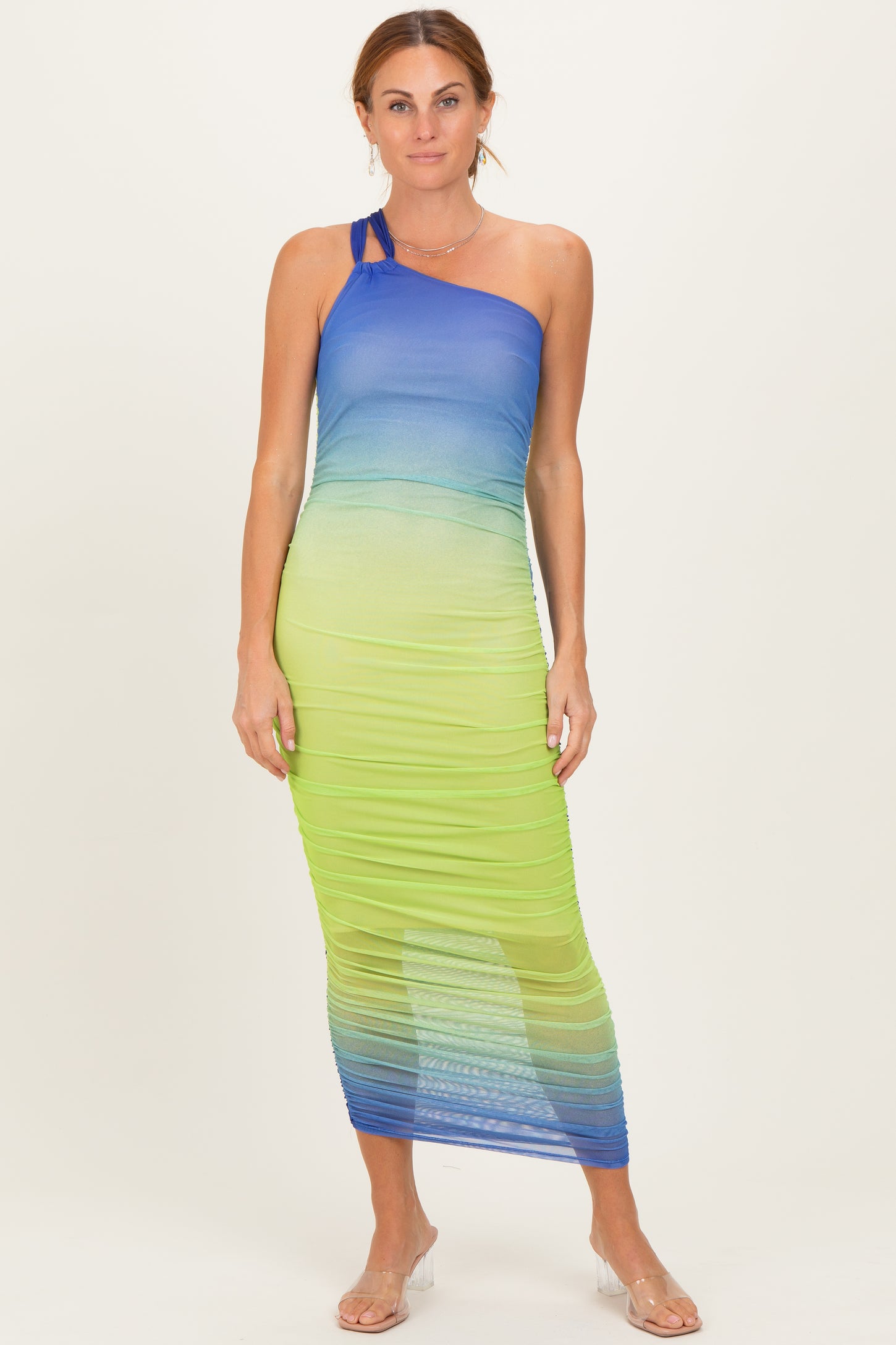 Lime Ombre Mesh One Shoulder Midi Dress