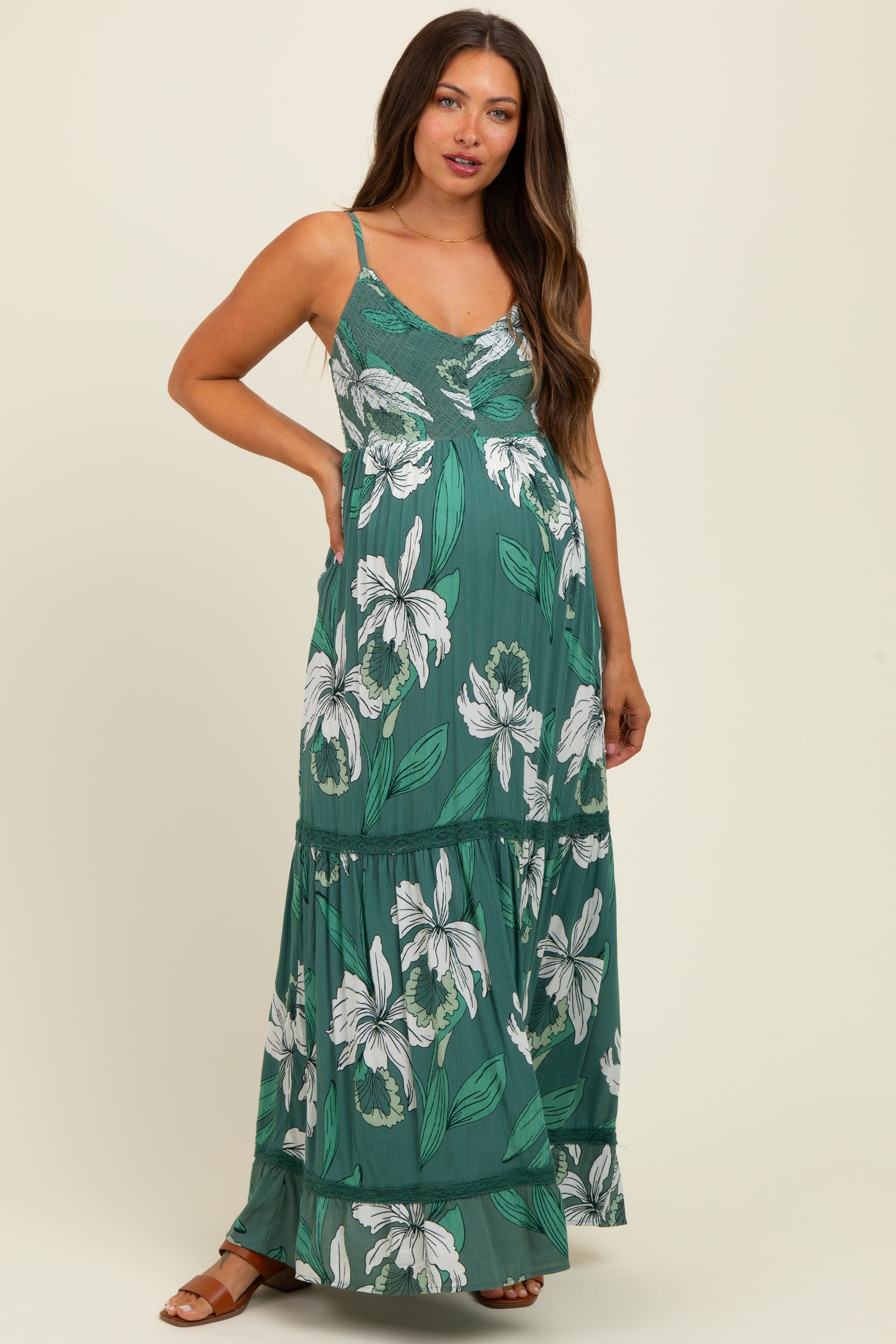 Green Floral V-Neck Smocked Lace Trim Maternity Maxi Dress