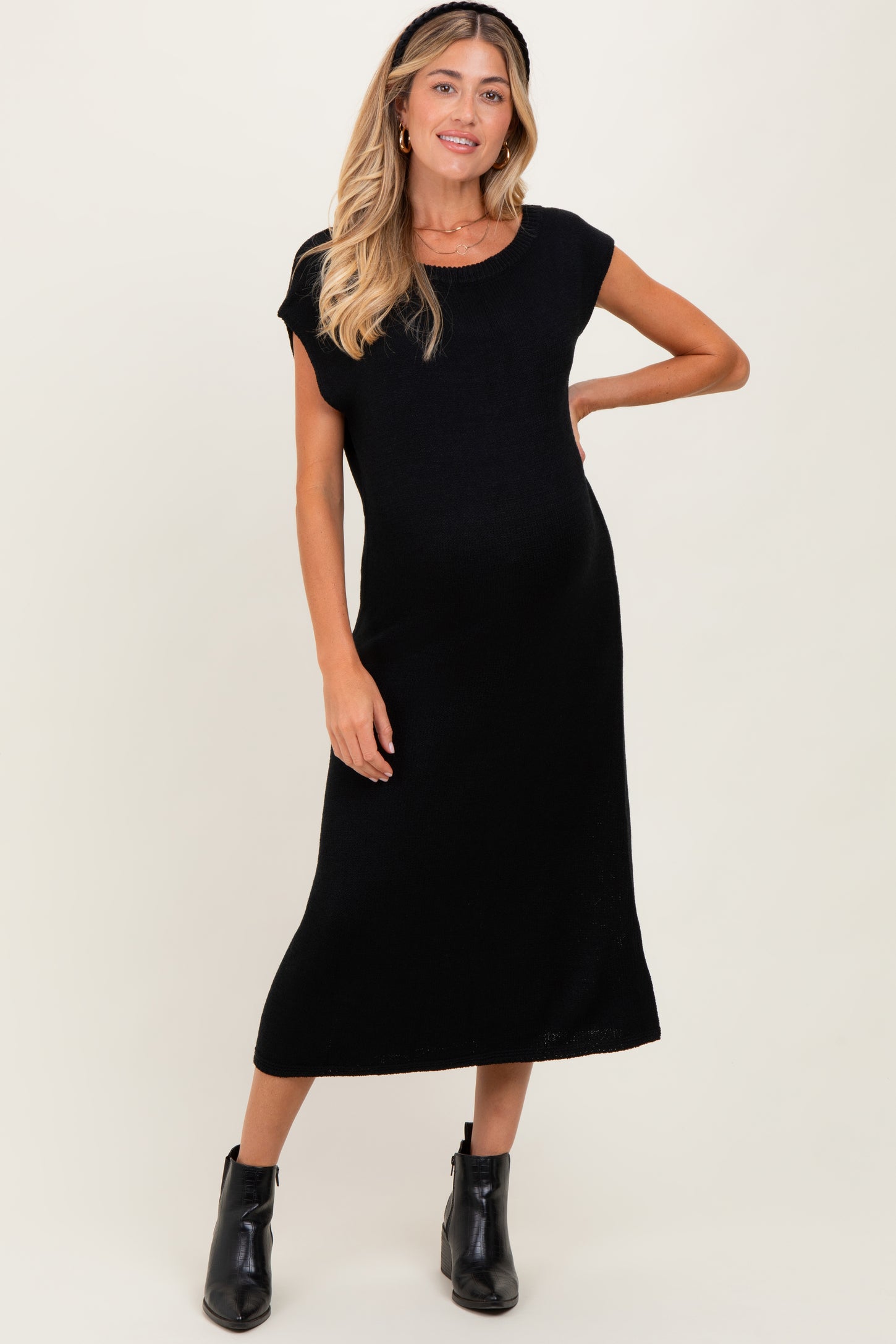 Black Short Sleeve Maternity Maxi Sweater Dress