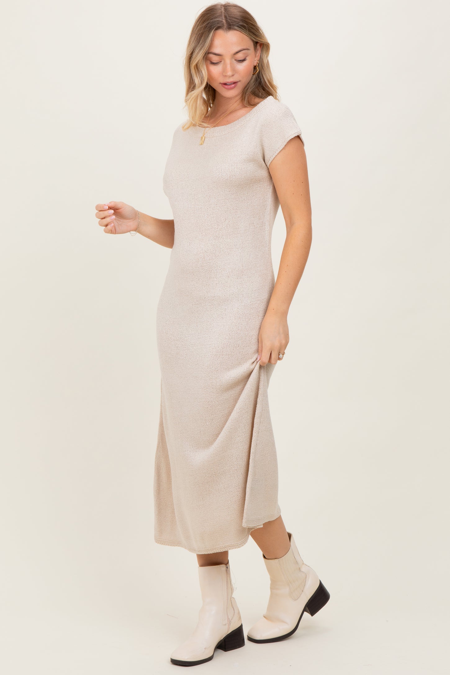 Cream Short Sleeve Maxi Sweater Dress