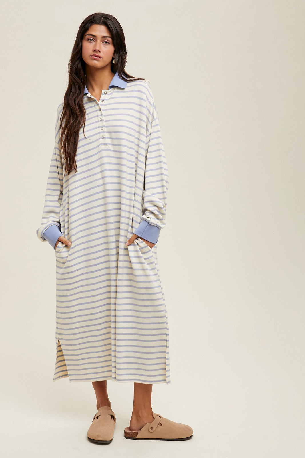 Periwinkle Stripe Snap Button Long Sleeve Midi Dress