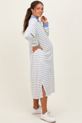 Periwinkle Stripe Snap Button Long Sleeve Maternity Midi Dress