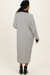Black Stripe Snap Button Long Sleeve Maternity Midi Dress