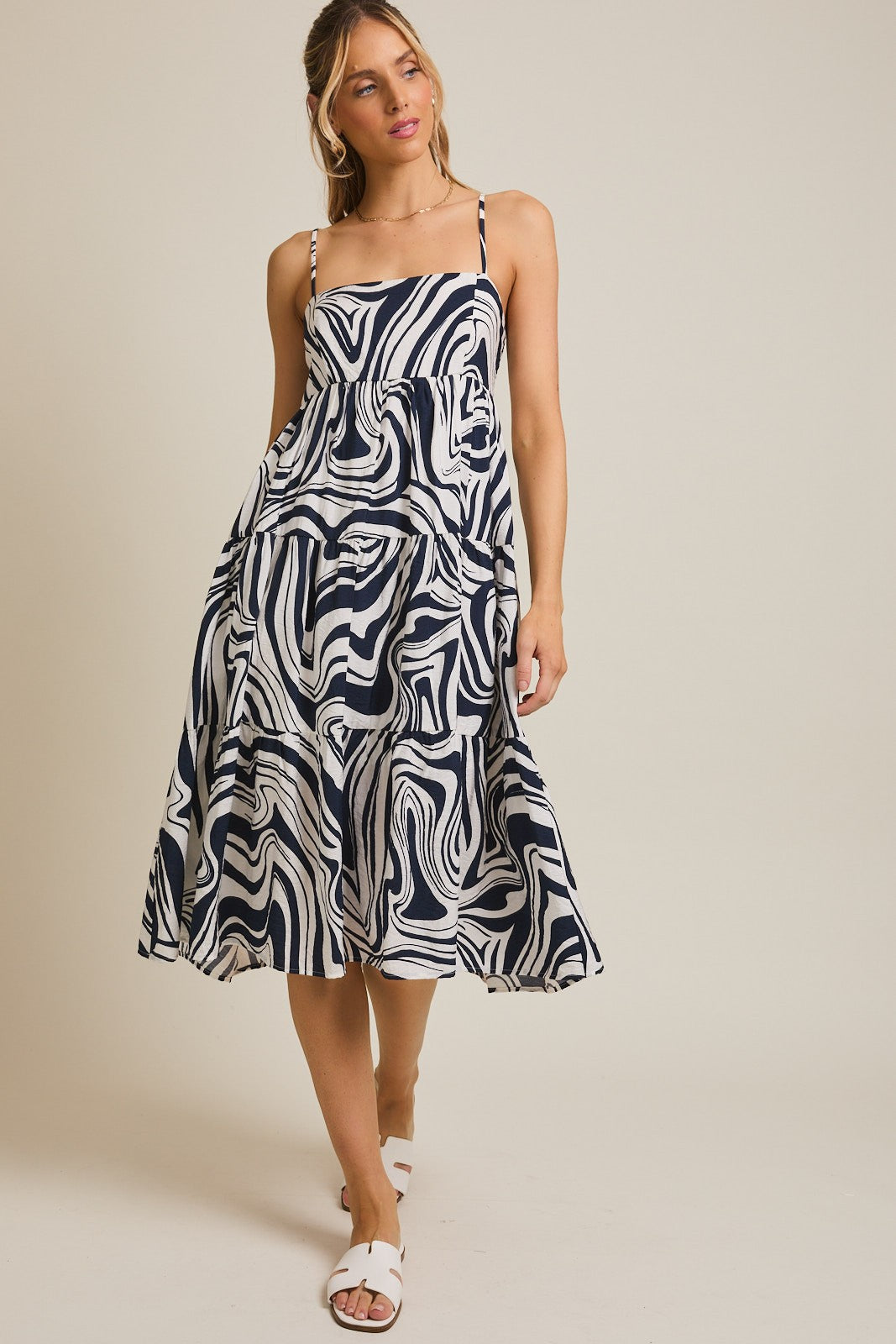 Navy Printed Tiered Sleeveless Midi Dress