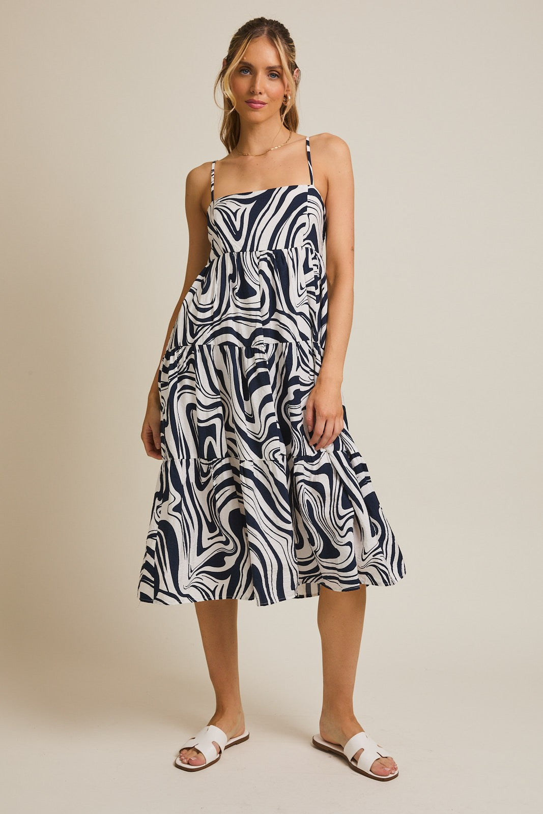 Navy Printed Tiered Sleeveless Midi Dress
