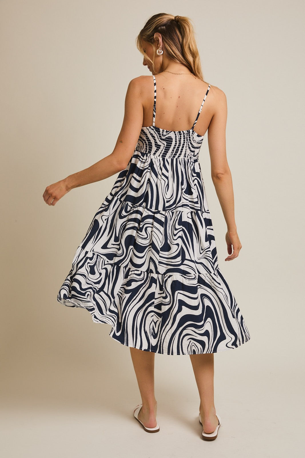 Navy Printed Tiered Sleeveless Midi Dress