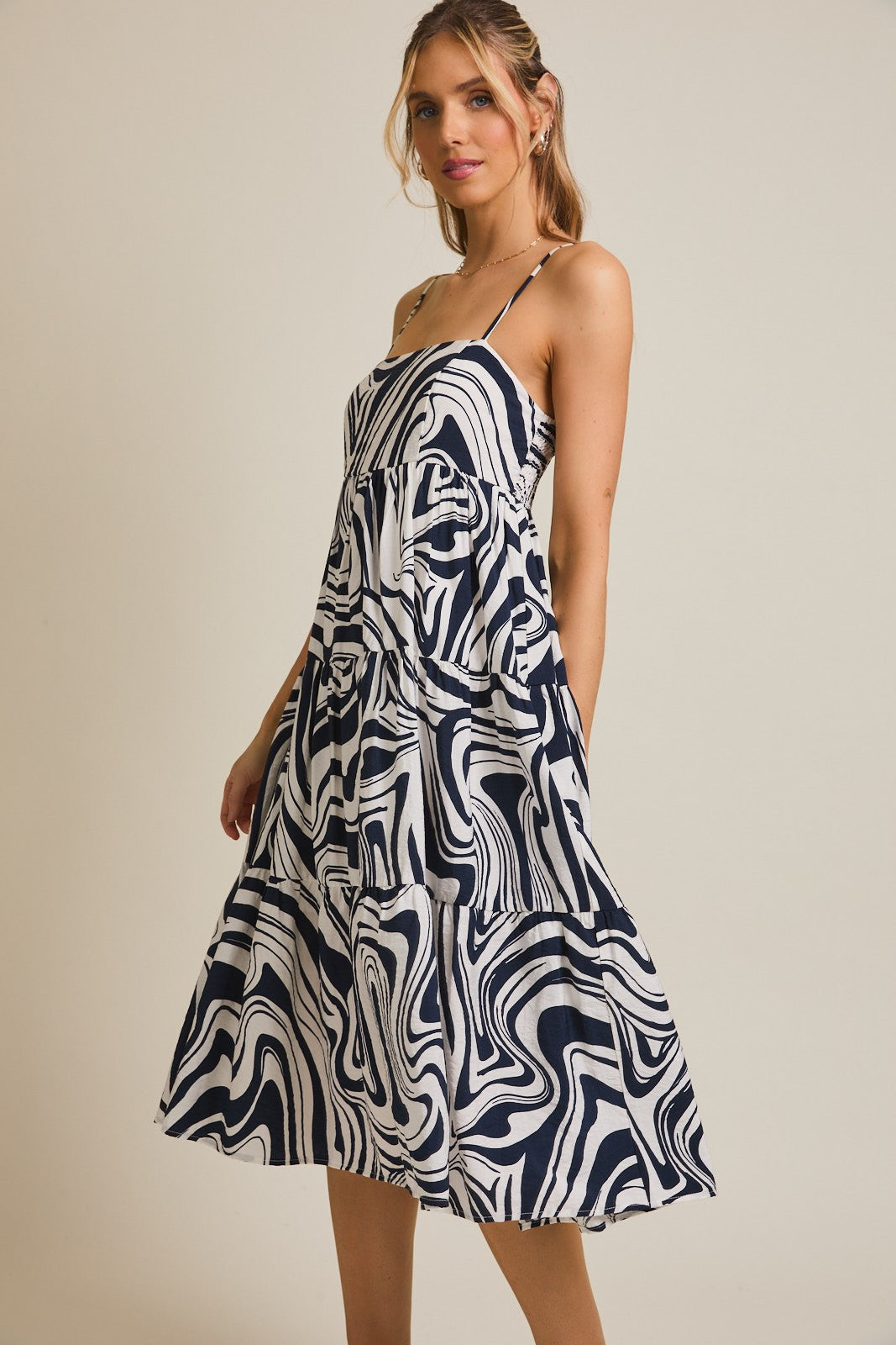 Navy Printed Tiered Sleeveless Midi Dress