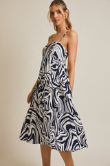 Navy Printed Tiered Sleeveless Midi Dress