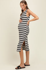 Black Multi-Stripe Ribbed Sleeveless Cutout Maternity Midi Dress