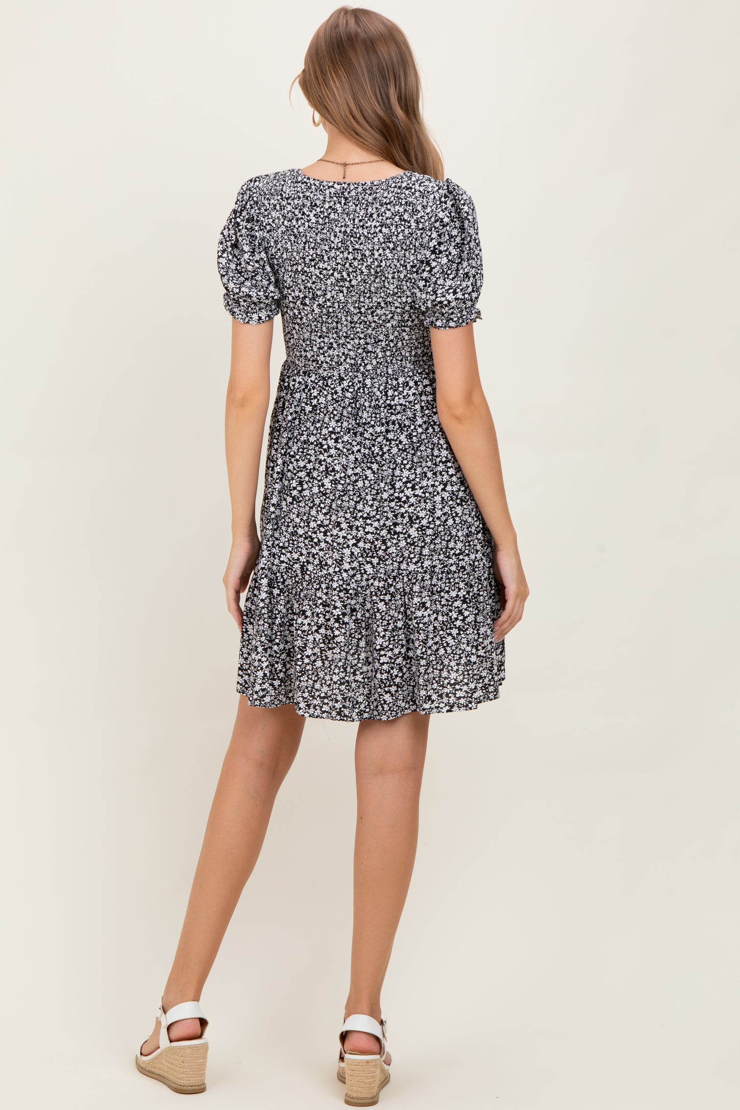 Black Floral Puff Sleeve Smocked Maternity Dress