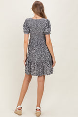 Black Floral Puff Sleeve Smocked Maternity Dress