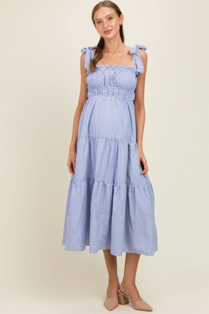 Blue Striped Shoulder Tie Ruffle Accent Tiered Maternity Maxi Dress