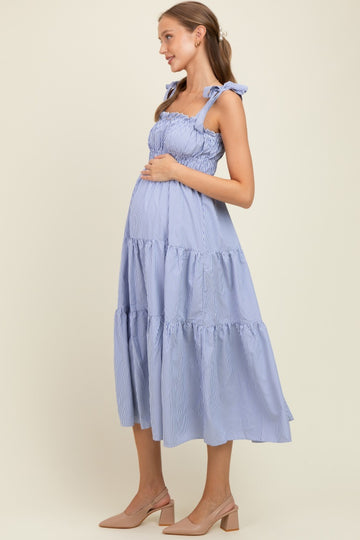 Blue Striped Shoulder Tie Ruffle Accent Tiered Maternity Maxi Dress