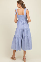 Blue Striped Shoulder Tie Ruffle Accent Tiered Maternity Maxi Dress