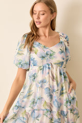 Blue Floral Chiffon Puff Sleeve Midi Dress