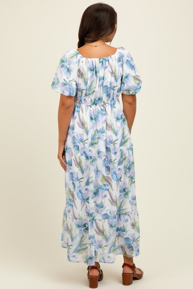 Blue Floral Chiffon Puff Sleeve Maternity Midi Dress