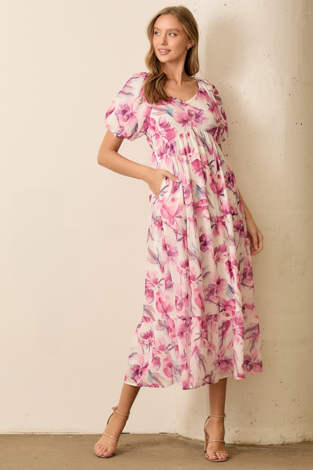 Pink Floral Chiffon Puff Sleeve Midi Dress