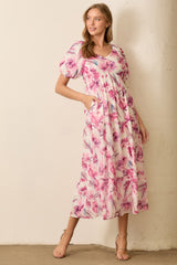 Pink Floral Chiffon Puff Sleeve Maternity Midi Dress
