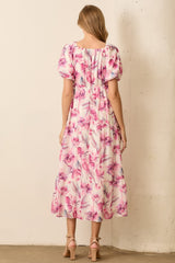 Pink Floral Chiffon Puff Sleeve Midi Dress