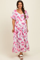 Pink Floral Chiffon Puff Sleeve Maternity Midi Dress