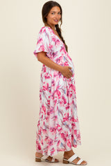Pink Floral Chiffon Puff Sleeve Maternity Midi Dress