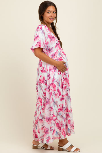 Pink Floral Chiffon Puff Sleeve Maternity Midi Dress