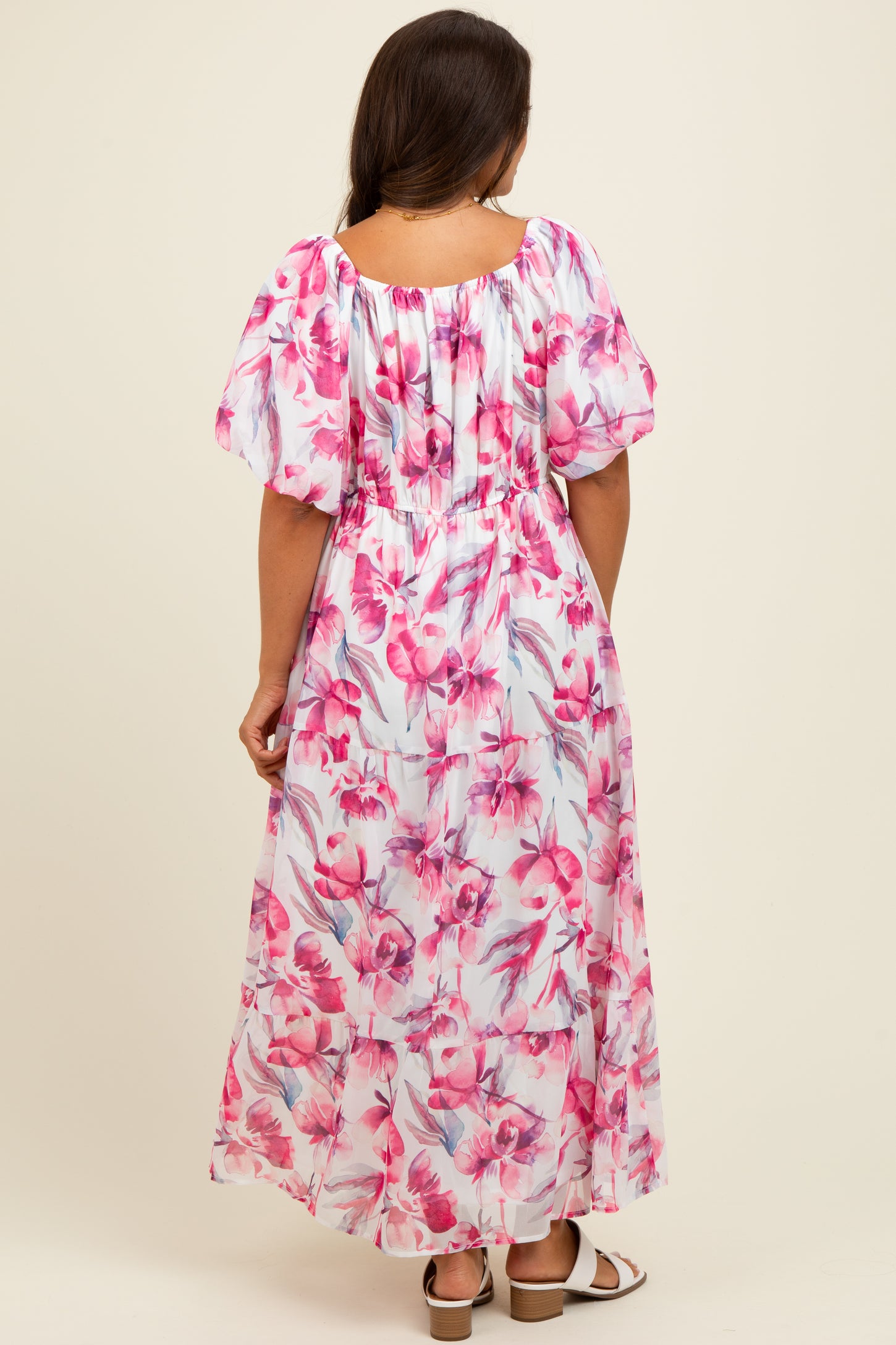 Pink Floral Chiffon Puff Sleeve Maternity Midi Dress