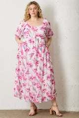 Pink Floral Chiffon Puff Sleeve Plus Midi Dress