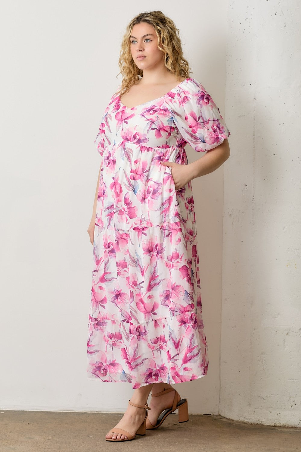Pink Floral Chiffon Puff Sleeve Plus Midi Dress Pink Floral Chiffon Puff Sleeve Plus Midi Dress