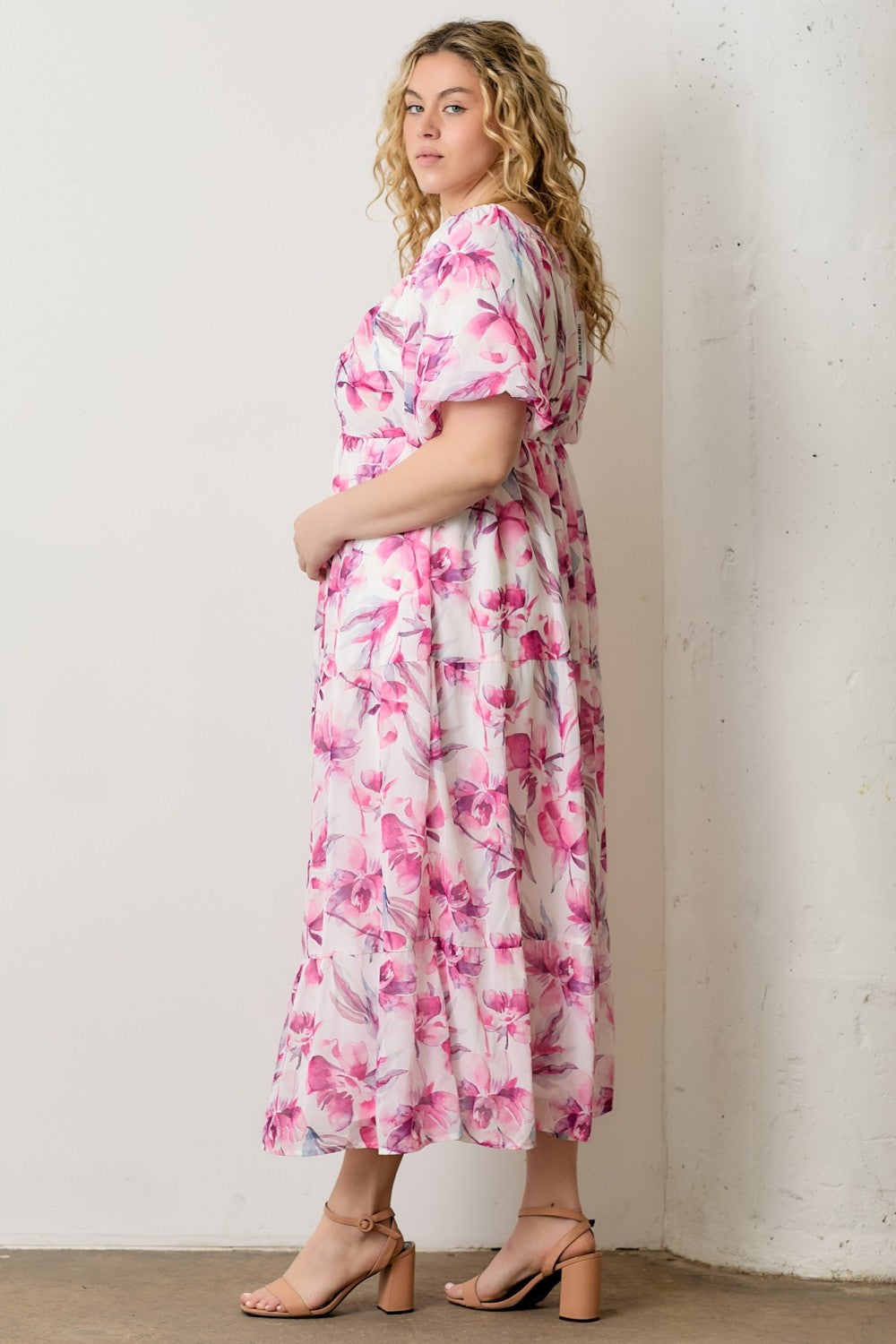 Pink Floral Chiffon Puff Sleeve Plus Midi Dress Pink Floral Chiffon Puff Sleeve Plus Midi Dress