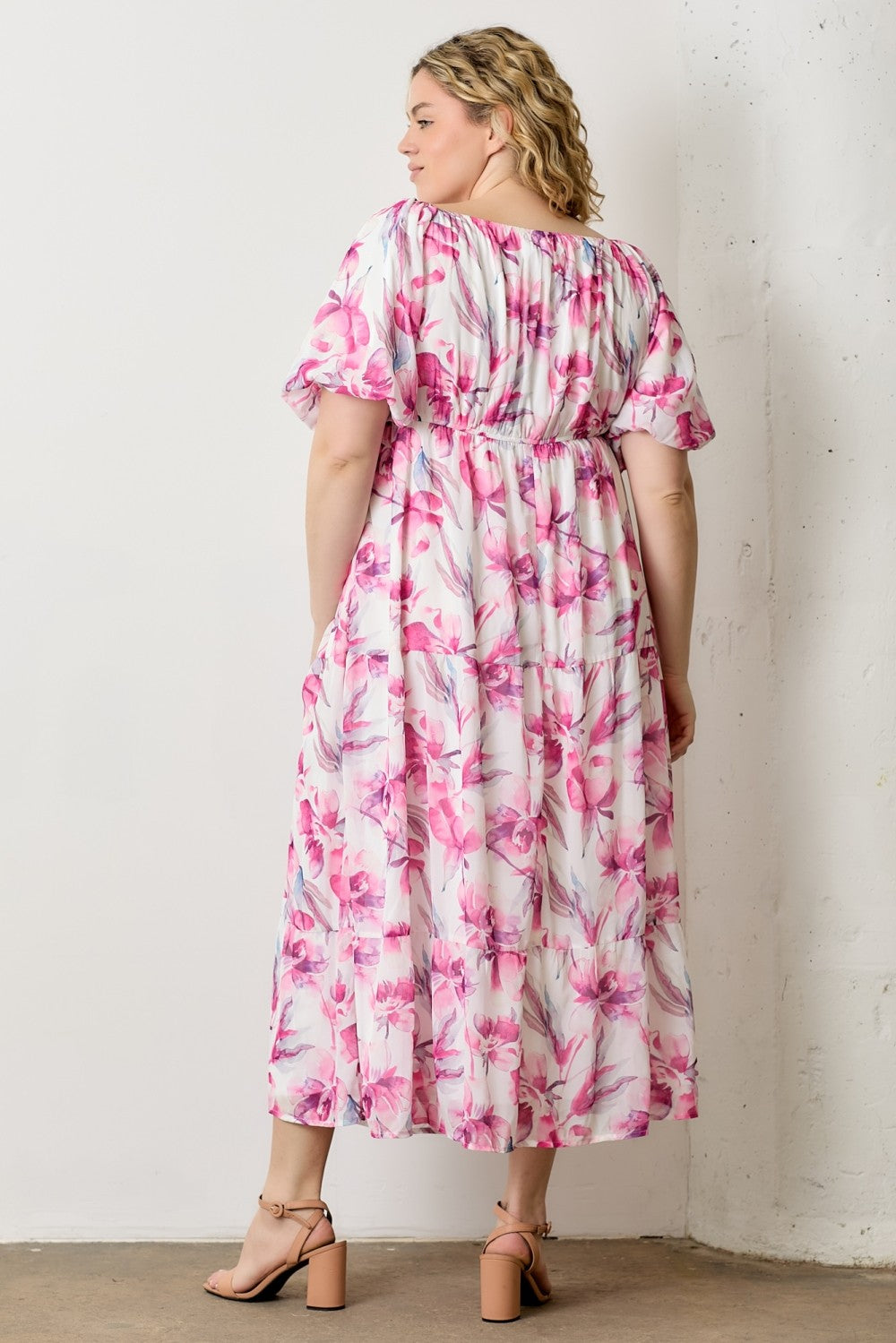 pink chiffon midi dress Womens Pink Puff Sleeve Chiffon Midi Dress